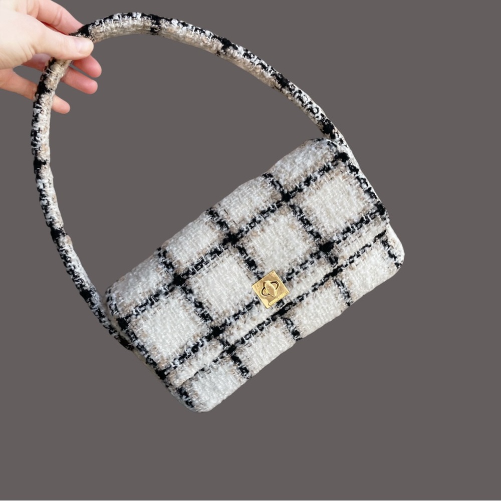 ANINE BING Black & White Textured Wool Tweed Plaid Flap Nico Shoulder Bag - Picture 9 of 17